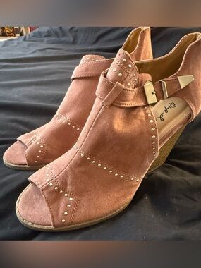 Qupid Dusty Rose Suede Peep-Toe Booties with Stud Accents
